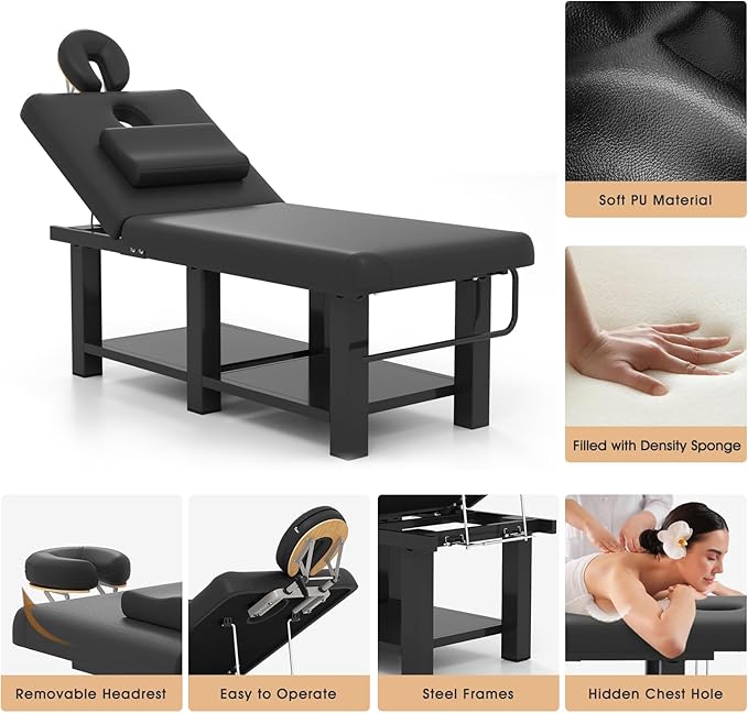 Heavy Duty Wide Stationary Massage Table Metal Frame PU Leather Spa Facial Professional Adjustable Massage Bed with Open-Chest & Headrest for Treatment Physical Therapy Tatoo Salon Equipment