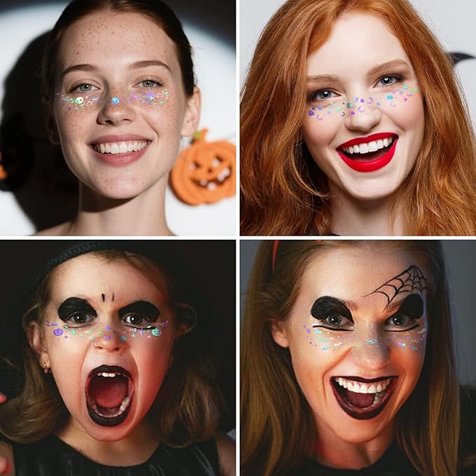 8PCS Halloween Glitter Freckles Face Tattoo, Sparkle Freckles for Women and Kids, Cute Star Waterproof Gold Temporary Face Tattoos Glitter Glow Up Patches (8PCSC Holographic Multicolor)