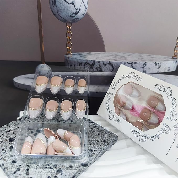 3D Gold Curve Press on Nails 24Pcs Irregular Lines Gel Glue on Fingernails Acrylic Full Cover Fake Nails Glossy Silver French Stick on Nail Sparkly Medium Almond False Nail for Holiday Manicure Art