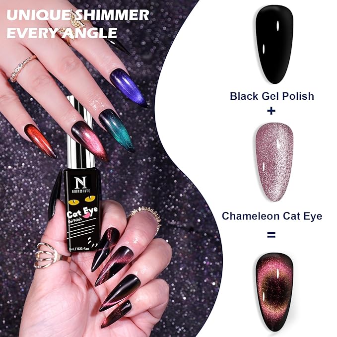 Cat Eye Gel Nail Polish, 12 Colors Sparkly Glitter 9D Chameleon Magnetic Nail Polish Set with Magnet Base Top Coat Soak Off LED UV Nail Art DIY Manicure Home Salon Gift for Women