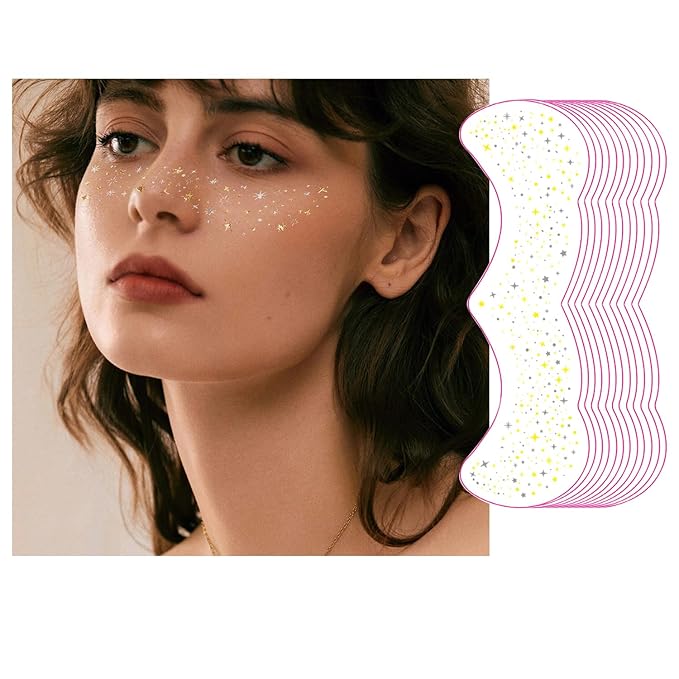 12 Sheet Glitter Freckles Face Tattoo, Gold Silver Face Glitter Makeup Speckles, Sweatproof Waterproof Fake Freckles for Woman