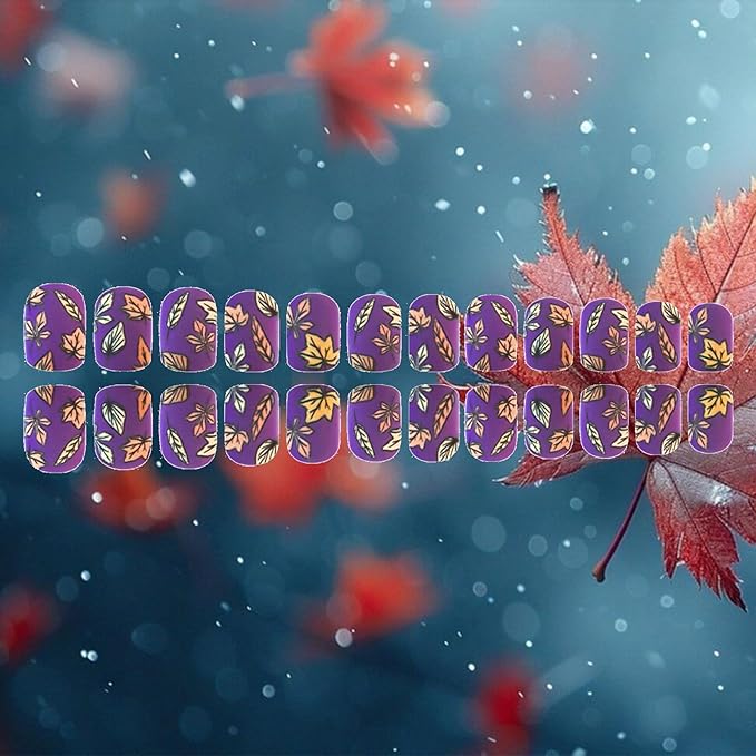 Maple Leaf Press on Nails 24Pcs Fall Leaves Stick on Fingernails Matte Purple Acrylic Fake Nail Thanksgiving Short Square False Nails Autumn Gel Glue on Nail for Coquette Women Girls