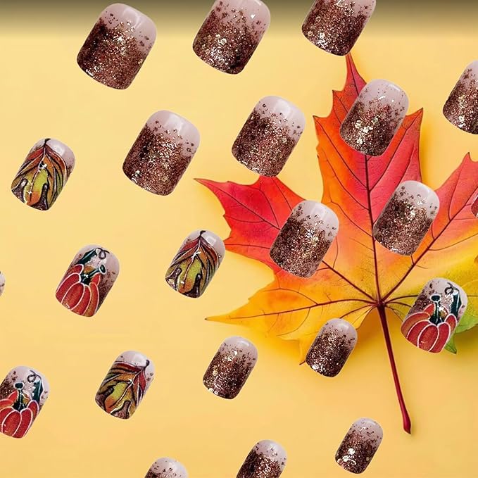 Autumn Pumpkins Gel Glue on Nail Maple Leaf Press on Nails Fall Leaves Stick on Fingernails Thanksgiving Short Square False Nails 24Pcs Glossy Brown Glitter Acrylic Fake Nail for Coquette Women Girls