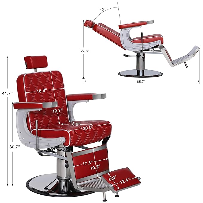 BarberPub Heavy Duty Metal Vintage Barber Chair All Purpose Hydraulic Recline Salon Beauty Spa Shampoo Equipment 3825 (Red with White Stitches)