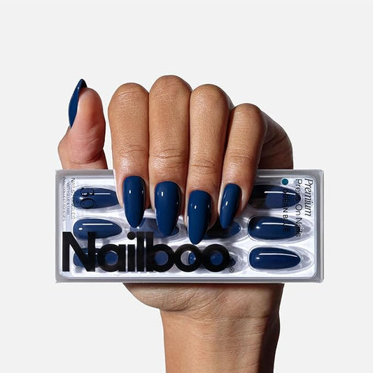 Nailboo Press On Nails, Salon-Quality Reusable Fake Nails for Fast DIY Manicure with Strong Hold Nail Glue for Press Ons, Nail File, & Alcohol Prep Pads, Ocean Blue