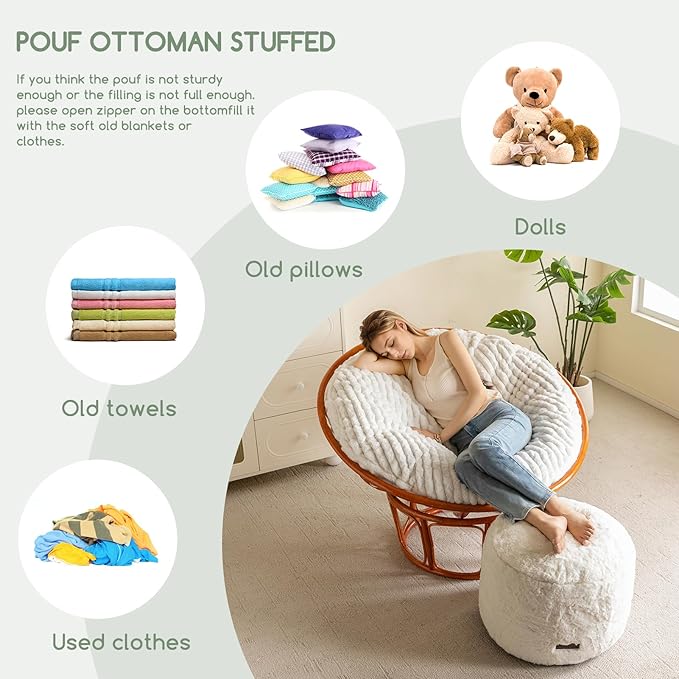 HIGOGOGO Pouf Stuffed Ottoman Round Modern Foam Filled Foot Rest Chair Decorative Poufs 20 x 15 Inches Fluffy Boho Comfy Stool for Living Room, Beige