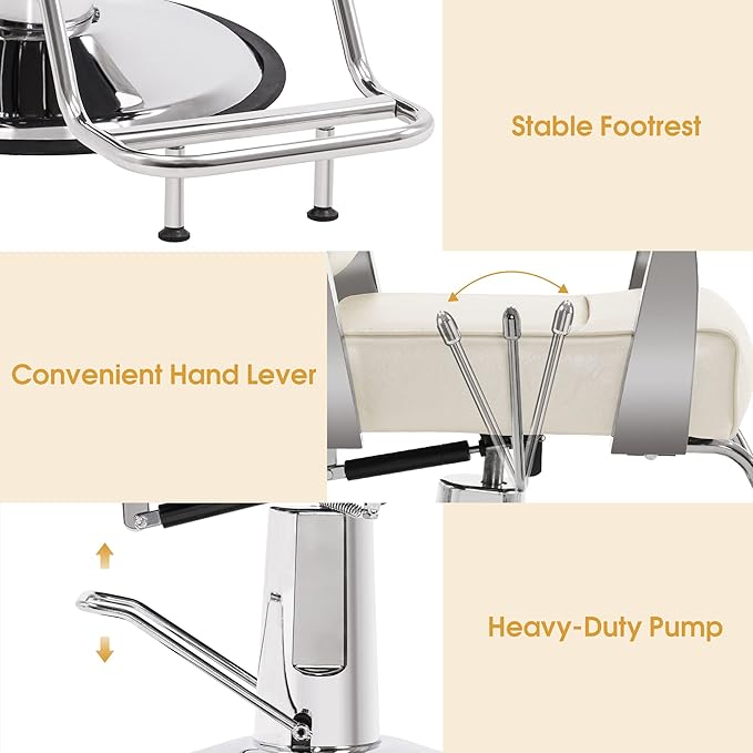 BarberPub Barber Chair Reclining Salon Chair for Hair Stylist, Antique Hair Spa Salon Styling Beauty Equipment 3127(White)