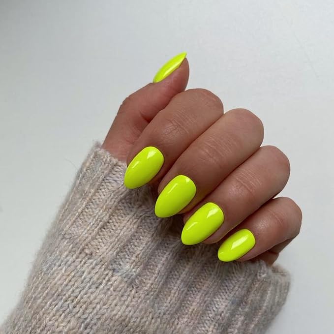 Neon Green Press on Nails Short Almond Fake Nails Press ons Neon Thick Solid Color Glue on Nails Short False Nails Medium Almond Nails Oval Round Shaped for Women 24Pcs