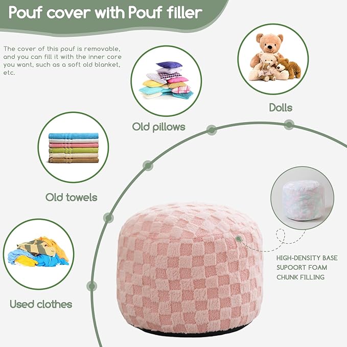 HIGOGOGO Round Stuffed Pouf Ottoman, Plaid Poufs with Foam Chunk Filling, Fluffy and Furry Pouf Foot Stool Storage Ottoman, 20 X 15 Floor Poufs Foot Rest for Living Room, Pink