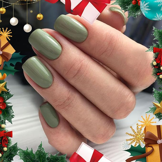 Modelones Green Press on Nails, Christmas Short Square Fake Nails, Reusable Nail Kit with Nail Glue Adhesive Tabs Mini Nail File, Nails Press Ons 32Pcs16 Sizes