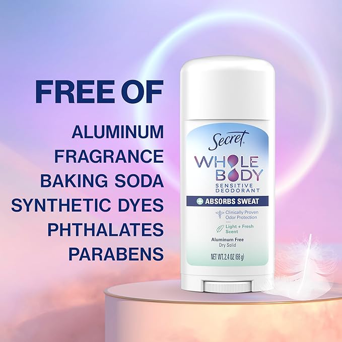Secret Whole Body Deodorant Dry Feel Stick + Absorbs Sweat for Women, Naturally Derived Ingredients, Light & Fresh Scent, Aluminum Free Deodorant Stick, 72 HR Odor Protection, 2.4 oz