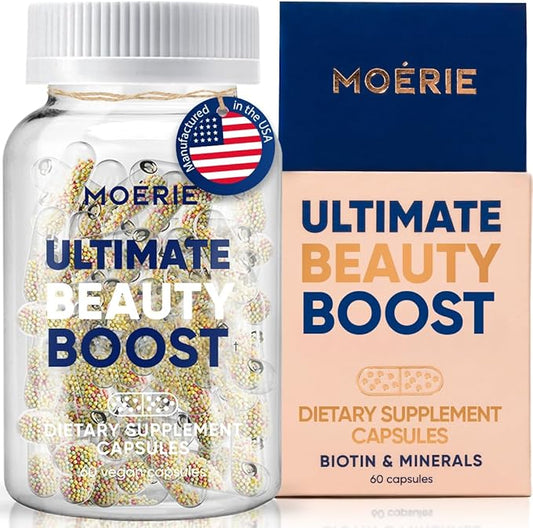 Moerie Ultimate Hair Boost Supplement for Women & Men - Hair, Skin, Nails Vitamins with Biotin & Minerals for Hair Health - Thicker Hair - 60 Capsules