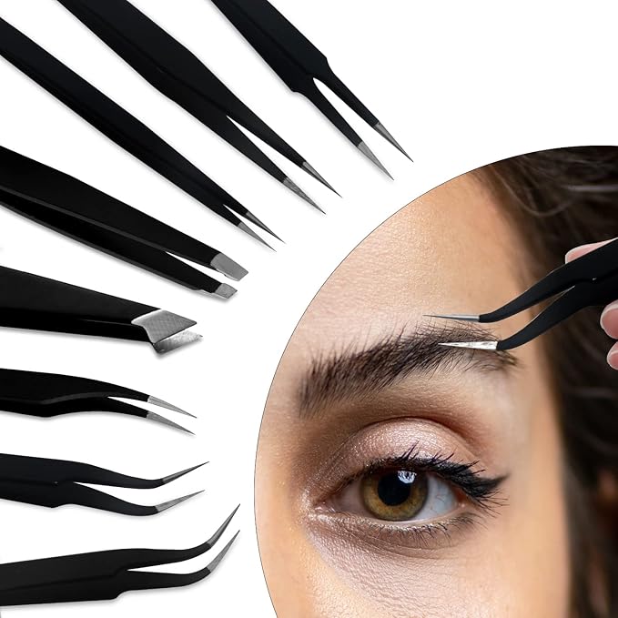 HengTianMei 8Pcs lash tweezers 3 Stainless Straight and 3 Curved Tip Eyelash Tweezers, With 2 Slant Pointed Precision Eyebrows Tweezers for eyelash extensions, Facial Hair, and Ingrown Hair Removal