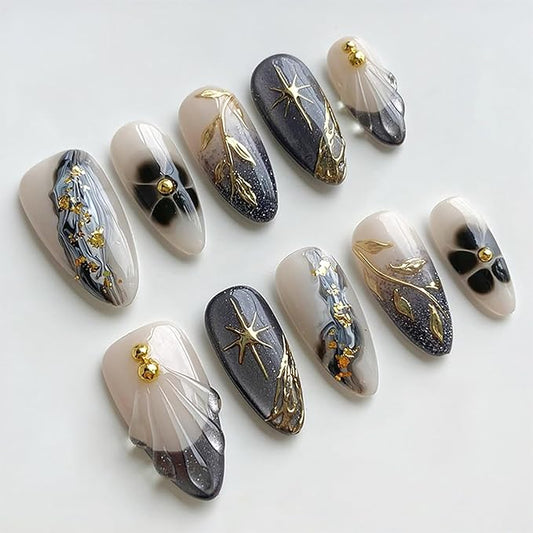 30Pcs Black French Tip Press on Nails Medium Gold Star Fake Nails Almond Shaped 3D Golden Bead Leaf with Foil Glitter Full Cover Tips Glue on Nails Marble False Nails for Acrylic Manicure Decoration