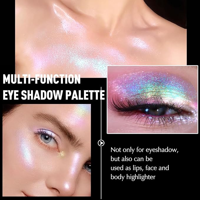 Holographic Glitter Eyeshadow - Multichrome Iridescent Shimmer Eyeshadow Palette, Chameleon Mermaid White Glitter Eye Shadow, Cream to Powder Sparkling Inner Corner Eye Face Highlighter Makeup
