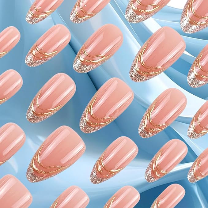 French Tips Press on Nails 3D Curve Line Press ons Fingernail Sparkly Gel Glue on Acrylic Fake Nails 24Pcs Glossy Silver Glitter Medium Almond False Nail Elegant Stick on Nail for Holiday Manicure Art