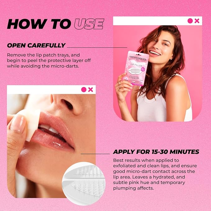 Instant Lip Filler Mask for Plumped Lips in 30 Mins with Vegan Collagen & Hyaluronic Acid - 3 Pack Korean Lip Mask Patches with 400 Dissolving Micro-Darts Tech for Instant & Long-Lasting Results