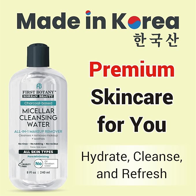 Korean Micellar Water Makeup Remover - Charcoal Hydrating Toner and Cleanser, Pore Cleansing,Oil-Free, Gentle for All Skin Types 8 oz,