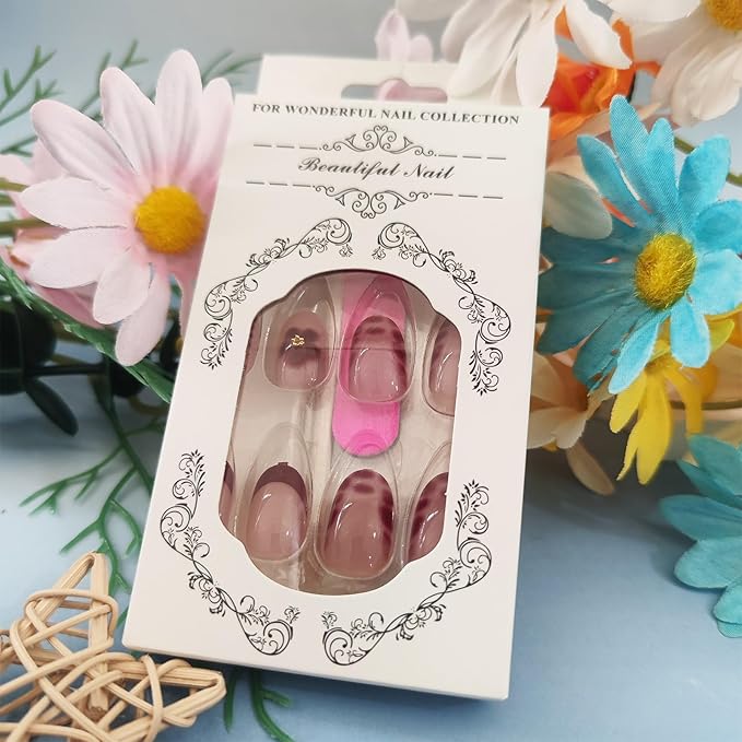 Peach Blossom Acrylic Full Cover Fake Nails Flower Press on Nails 24Pcs Tortoise Pattern Gel Glue on Fingernails Glossy Red French Short Almond False Nail Pearl Stick on Nail for Holiday Manicure Art
