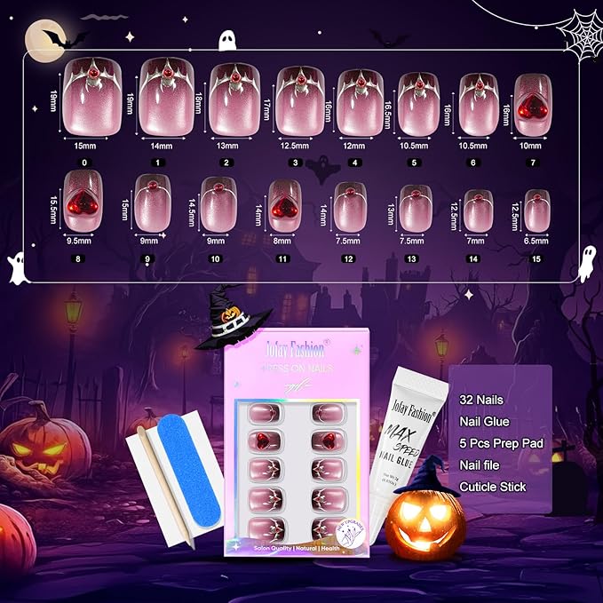 Halloween Press On Nails Short - Moonfang Glow, French Tip Press On Nails, Acrylic Square Halloween Nails Press On with Nail Glue, Fit Perfectly Stick On Nails in 16 Sizes - 32 PCS Soft Gel Kit