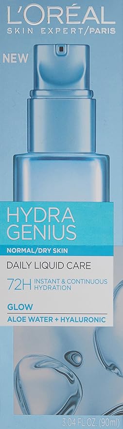 L’Oreal Paris Skincare Hydra Genius Daily Liquid Care Oil-Free Face Moisturizer for Normal to Dry Skin, Hyaluronic Acid Moisturizer for Face with Aloe Water and Hyaluronic Acid, 3.04 fl. oz.