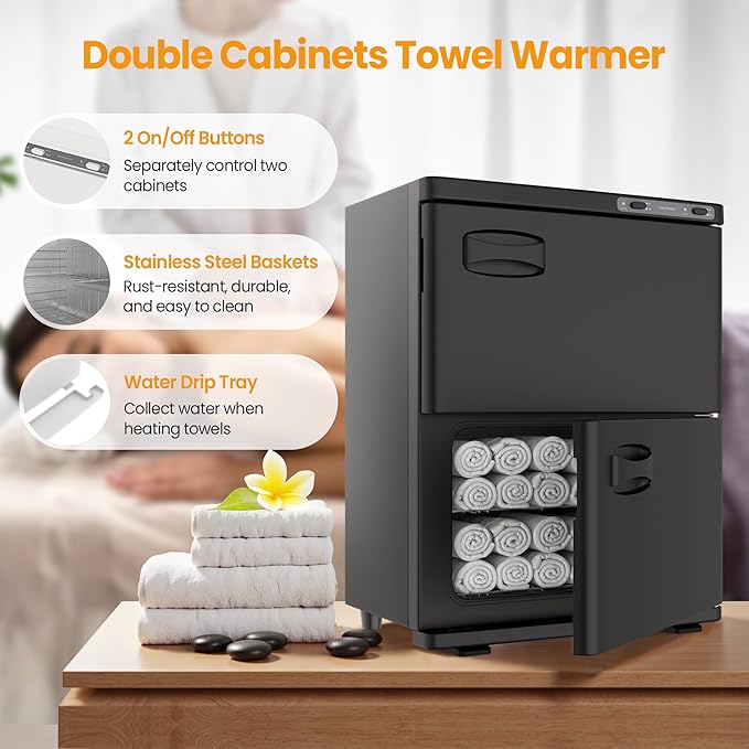 Hot Towel Warmer SalonDepot 46L Large Capacity Spa Towel Warmer with Double Cabinets for Salon, Barber Shop, Massage & Facial (Black)