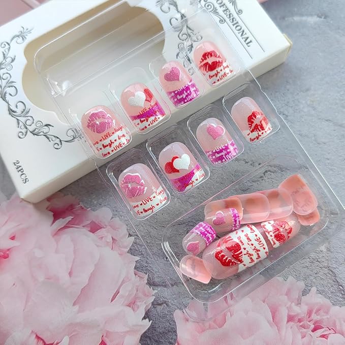 24Pcs Valentines Press on Nails Short Square Fake Nails French Tip Press ons with Sexy Lip Design Glossy Glue on Nails Love Heart False Nails Romantic Acrylic Artificial Nails for Women Manicure
