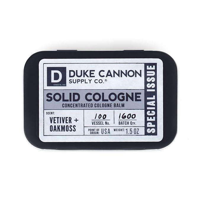 Duke Cannon Supply Co. Solid Cologne for Men Special Issue Vetiver and Oakmoss (Fresh Air, Sandalwood) - Concentrated Balm, Travel-Friendly Tin, 1.5 oz