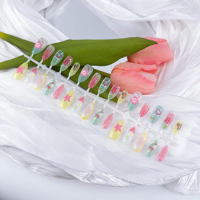 30Pcs Summer Press on Nails Medium Almond Fake Nails with 3D Flower Designs Starfish False Nails Heart Butterfly Lemon Stick on Nails Ocean Beach Acrylic Nails Pearl Floral Glue on Nails for Women