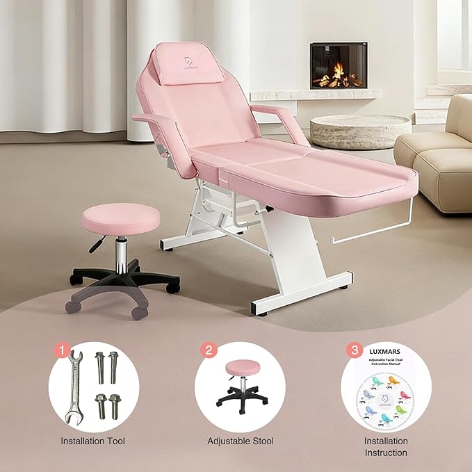 Facial Chair, Tattoo Chair Massage Bed with Hydraulic Stool for Professional Massage Facial Lash Beauty Treatment Spa, Pink