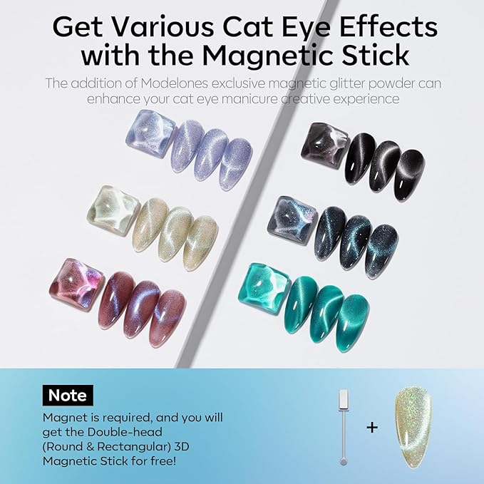 modelones Cat Eye Gel Nail Polish Set, 6 Colors Holographic 9D Glassy Cat Eye Glitter Gel Polish Set Black Blue Purple Green Nail Polish Kit with Magnet Soak Off LED Nail Art DIY Salon Gift