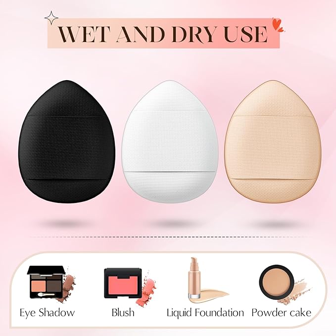 Gerrii 72 Pcs Finger Powder Puff Mini Makeup Sponge Soft Beauty Makeup Blender Puff for Foundation, Face Powder, Under Eye Setting, Concealer, Repair Cream, Cosmetic Tool (Black,White,Skin Color)