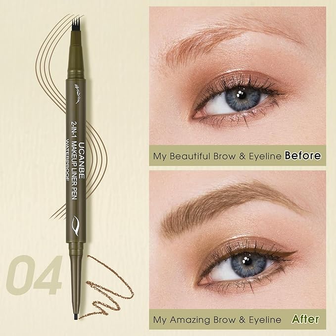 UCANBE Eyebrow Pen, Dual-Ended Eyebrow Pencil with 4-Fork-Tip & Gel Eyeliner for Women, Eye Brow Pen with Gel Eyeliner Pencil, Microblading Eyebrow Pencils with Hair Like Strokes, Light Brown/Blonde