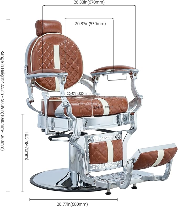 FRNIMAC Heavy Duty Barber Chair, All Purpose Vintage Style Mens Barber Chair Hydraulic Recline Salon Chair Barbershop Equipment for Beauty Spa Tatoo Massage, Weight Capacity 700lbs (Brown-Chrome)