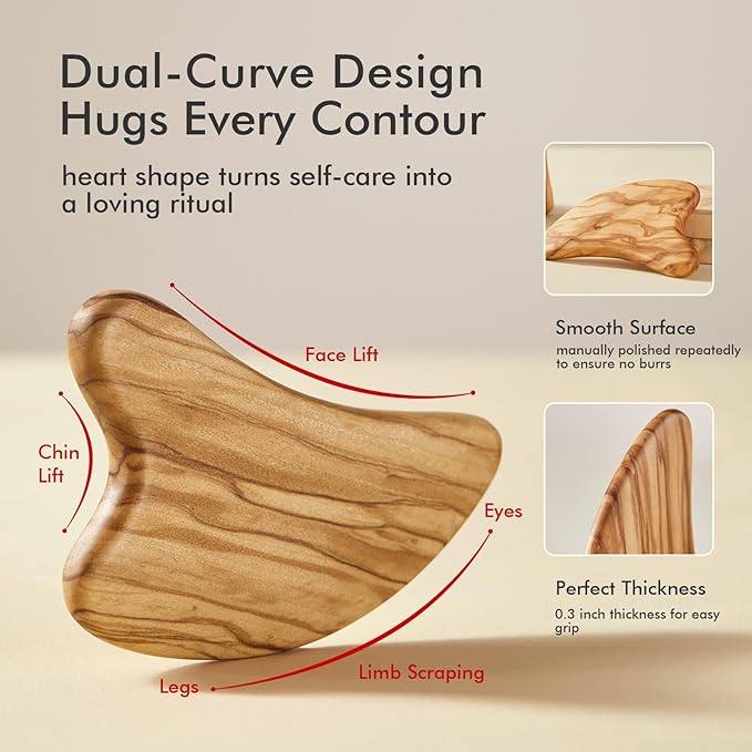 Gua Sha Tool for Face & Body: Face Massager Tool for Lymphatic Drainage - Jaw Lifting & Anti-Aging, Relieve Pain for Women Men Self Care Gift (Olive Wood)