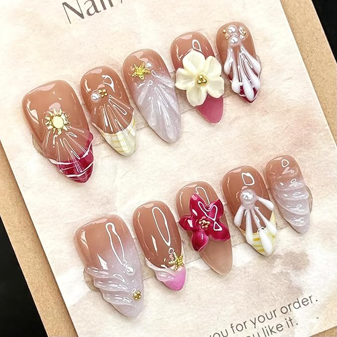 10pcs Handmade Press on Nails Medium Almond Fake Nails with 3D Flower Gold Beads Star Designs French Tip False Nail Summer Fall Acrylic Nails Full Cover Glue on Nail for Women Nail Decoration