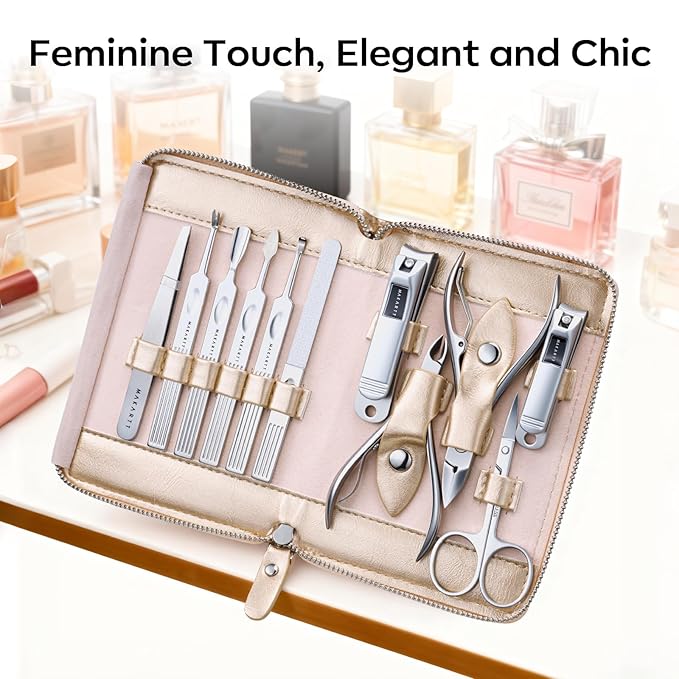 Makartt Manicure Kit for Women: Travel Manicure Pedicure Kit- 11 pcs Stainless Steel Women Men Fingernail Grooming Tool with Portable Rosy Gold Leather Case