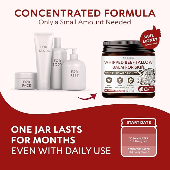 Beef Tallow for Skin, 4 Pack (17.2 fl oz) - Whipped Grass-Fed Moisturizer with Wild Honey & Beeswax, Natural Face & Body Care, Deep Hydration, Anti-Aging, Sensitive Skin Safe