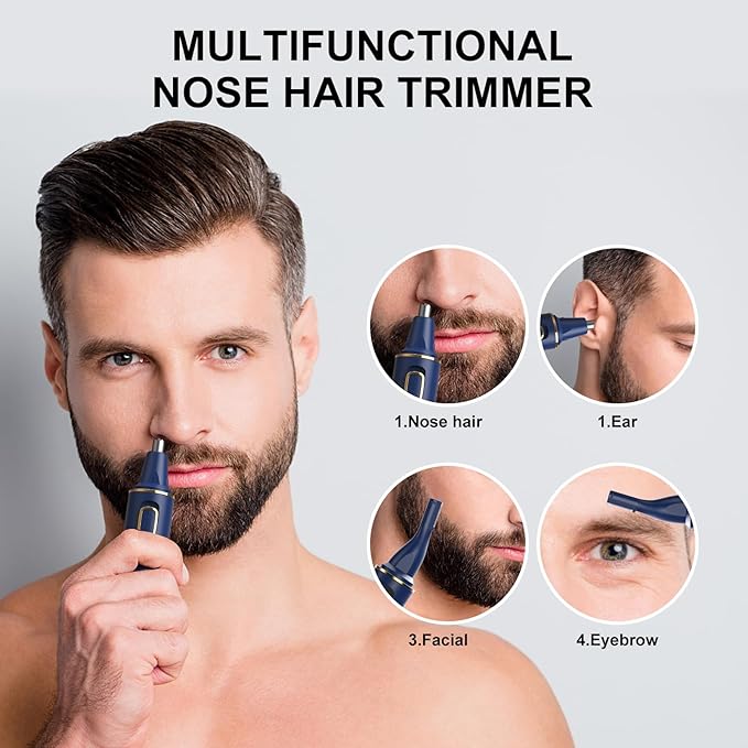 Nose Hair Trimmers for Men，Rechargeable Hair Trimmer 2 in 1 Painless Multifunctional Ear and Nose Hair Trimmer with IPX7 Waterproof Dual Edge Blades (Blue)