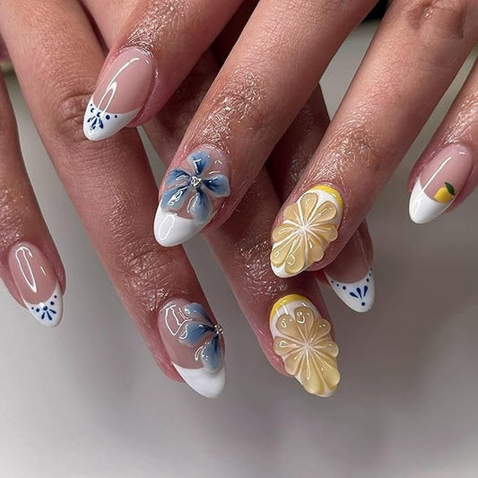 Long French Tips Press on Nails Flower Fake Nails Fruit False Nails 3D Blue Floral Lemon Nude White Design Glossy Stick on Nail Summer Glue on Nail for Women Decoration Salon Manicure