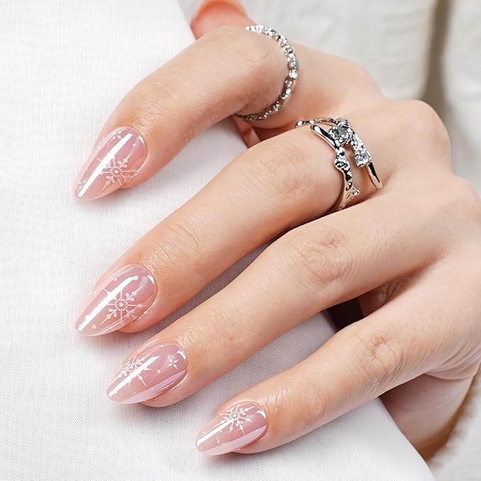 Pink Press on Nails, Short Press on Nails Almond Reusable Glossy Snowflake Nails Soft Gel False Nails Press ons for Women, 16 Sizes 32 Count Nails Kit with Glue (SV-15)