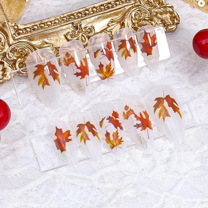 24Pcs Fall Press on Nails Almond Medium Fall Fake Nails Maple Leaves Full Cover Designs Autumn Glue on Nails Thanksgiving Acrylic Nails Glossy Reusable Artificial Stick on Nails Decoration for Women