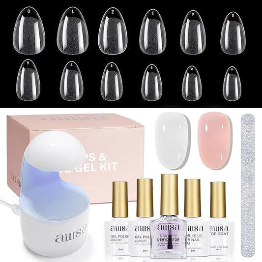AILLSA Gel Nail Kit Short Almond Nail Tips 240pcs with 2 In 1 Nail Glue Base Coat and Nail Dehydrator, Gel Full Nail Kit with Nail Lamp Top Coat for Starters Home Salon Valentine's Day