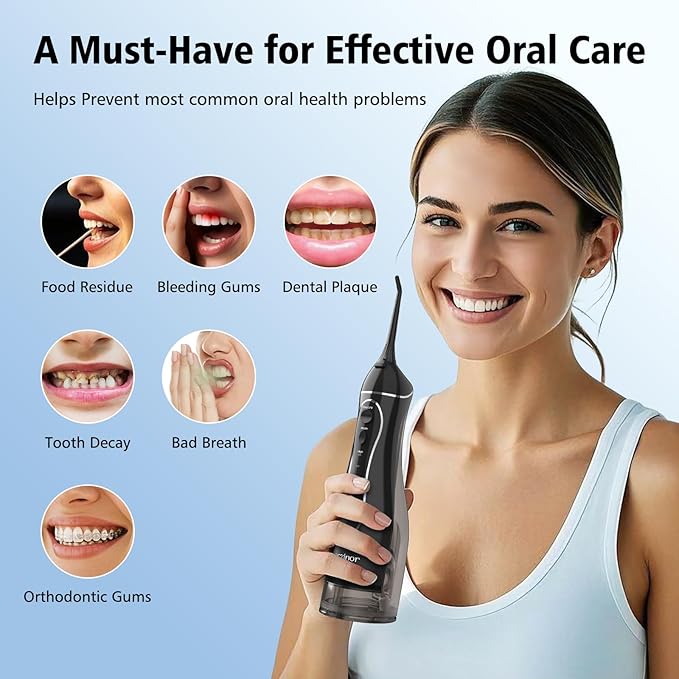 Leominor Water Flosser Pick for Teeth, 300ML Portable Oral Irrigator Upgraded Tank Removable,IPX7 Waterproof, Rechargeable Travel Teeth Cleaner, Professional Electric Flossing Machine (Black)