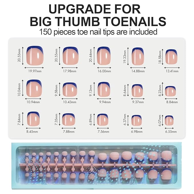 Vansiho Blue French Tips Press on Toe Nails Short, Toenail Press on Square for Women, Soft Gel Fake Toenails, Acrylic Nails Soak off Toe Nail Home DIY 15 Sizes