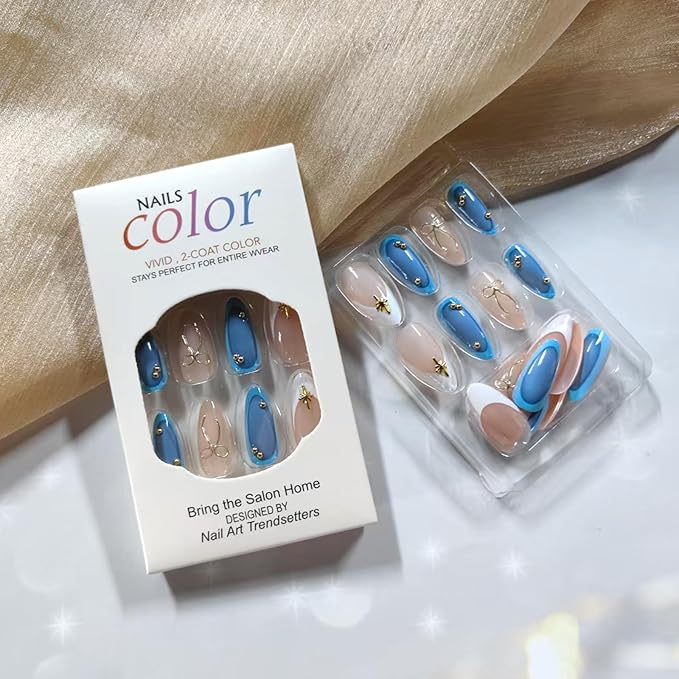 White French Tip Press on Nails Medium Almond Fake Nails with 3D Gold Bow Star Designs Blue Acrylic False Nails Glue on Nails Full Cover Stick on Nail for Women Quick Manicure Kit 24Pcs