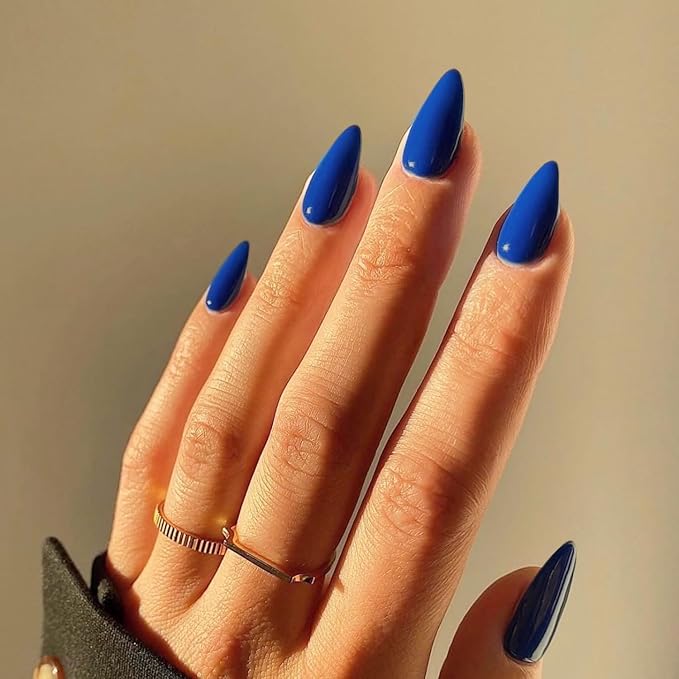 48Pcs Royal Blue Press on Nails Almond Fake Nails Glue on Nails Medium Length Almond Shaped Nails Press ons, Stiletto Nails False Nails for Women, Medium Almond Nails, Thick Natural Acrylic Gel Nails