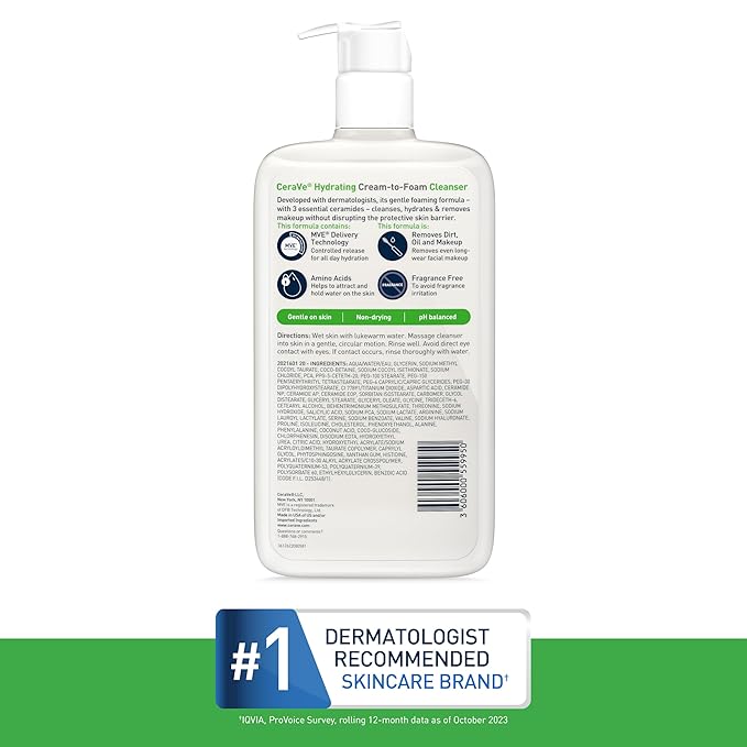 CeraVe Hydrating Cream To Foam Cleanser, Makeup Remover Face Wash For Dry Skin, Foaming Facial Cleanser With Hyaluronic Acid, Normal To Dry Skin, Fragrance Free & Non Comedogenic, 8 Fluid Ounces