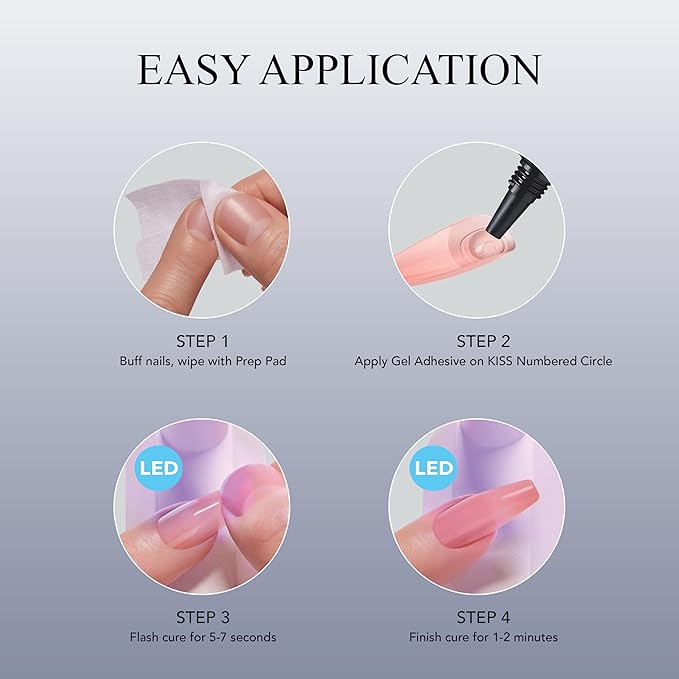 KISS Salon X-tend, Press-On Nails, Nail glue included, 'Nonsense', Light White, Short Size, Almond Shape, Includes 30 Nails, 5Ml Led Soft Gel Adhesive, 1 Manicure Stick, 1 New Mini File, New Prep Pad