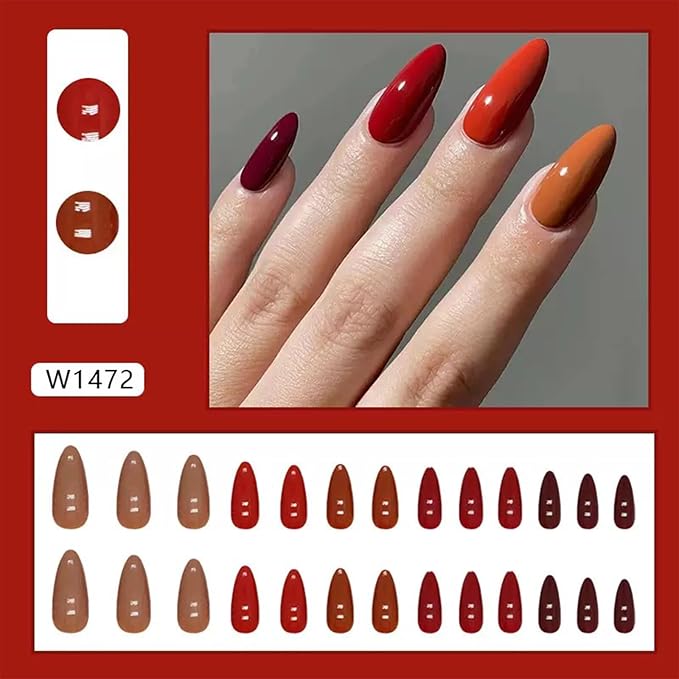 24 Pcs Press on Nails Short Almond Wine Red Gradually Changes Fake Nails Full Cover Opaque Reusable Acrylic Glue on Nails Removable Stick on Nails 12 Size Kit for Women Girls